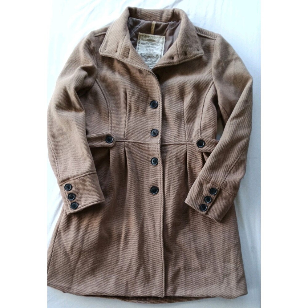 MNG by Mango Tan Button Front Funnel Neck Mid Length Winter Dress Coat Size L